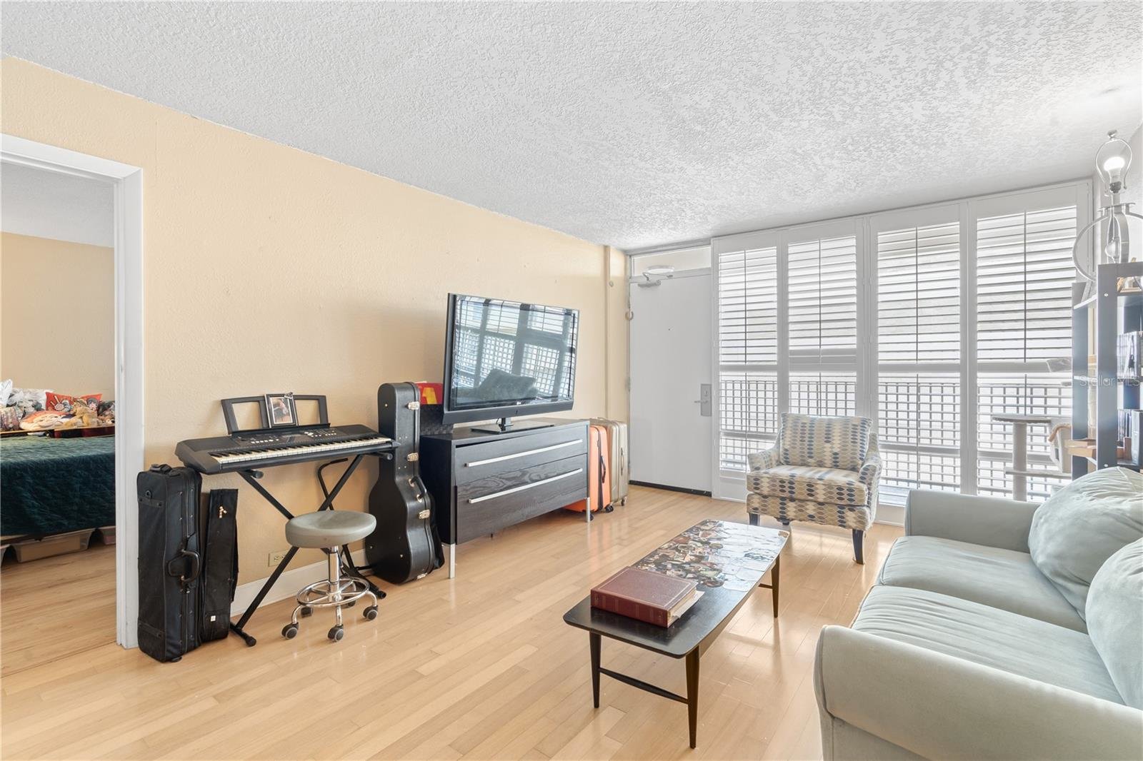 front door inside condo with tv stand and couch
